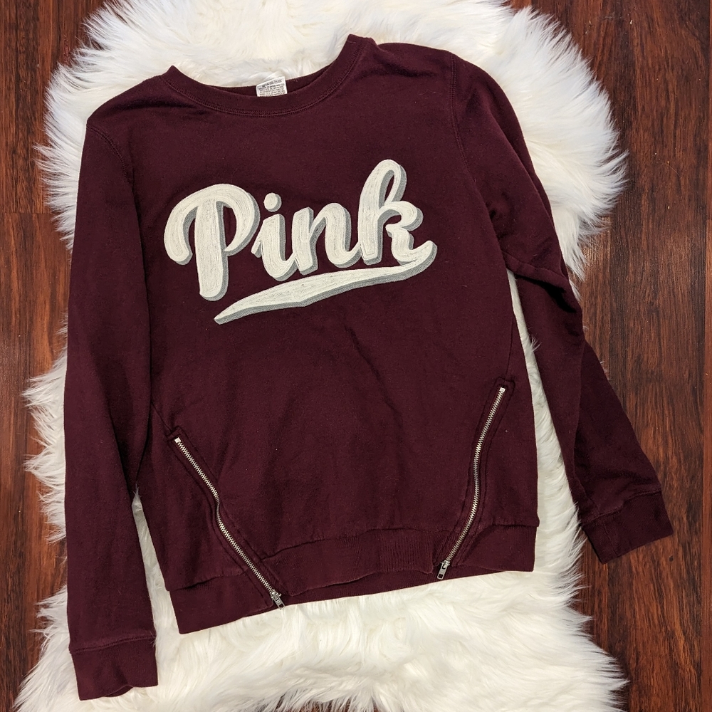 PINK Victoria's Secret Maroon Script Print Zipper Sweatshirt
